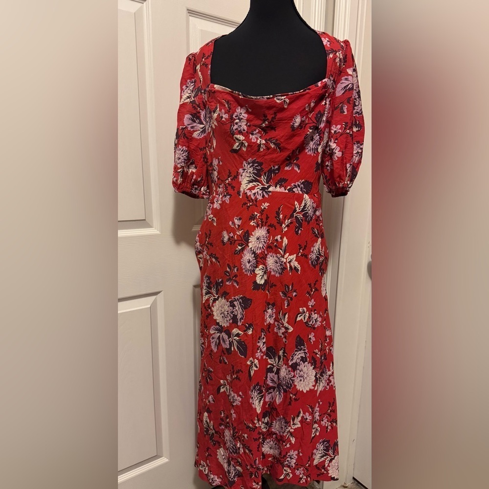 Maeve by Anthropologie Red Cowl Neck Sundress with Puff Sleeves